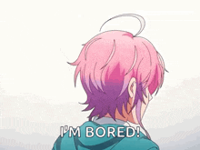 a girl with pink and purple hair is standing and says `` i 'm bored '' .