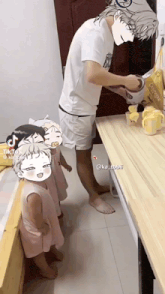 a man is pouring something into a cup while three little girls look on