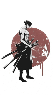 a black and white drawing of roronoa zoro from one piece holding two swords .