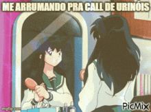 a girl brushes her hair in front of a mirror with the caption me arrumando pra call de urinoids