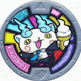 a coin with a cartoon cat holding an ice cream cone and the word ' stained glass ' on it