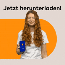 a woman with red hair is holding a cell phone with the words jetzt herunterladen below her
