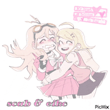 a drawing of two girls with the words scab & eiko on the bottom right