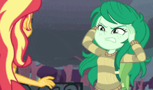 a cartoon of a girl with green hair covering her ears