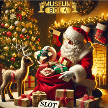 santa claus is sitting in front of a christmas tree holding gifts and a sign that says slot