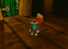 a cartoon squirrel is standing in front of a door with the letter r on it