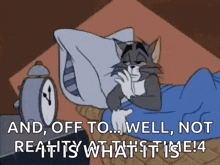 a cartoon of tom and jerry laying in bed with an alarm clock in the background .