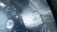 a computer generated image of a space station with a reflection of a building in the window