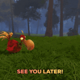 a cartoon chicken standing in the grass with the words see you later