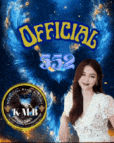 a woman is standing in front of a blue background that says official 552
