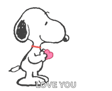 snoopy is hugging a pink heart with the words `` love you '' written on it .