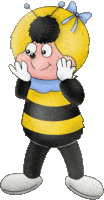 a cartoon drawing of a bee with a blue bow on its head