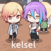 a couple of anime characters standing next to each other with the word kelsel written in white