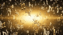 a bunch of music notes are floating in the air on a black background .