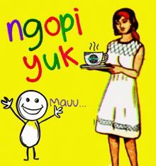 a cartoon drawing of a woman holding a cup of coffee with the words ngopi yuk below her