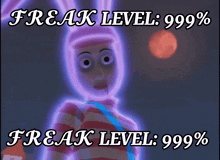 a poster that says freak level 999 % and freak level 999 % on it