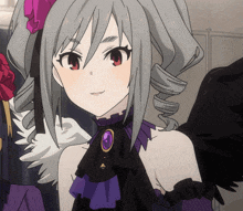 a close up of a anime girl with a purple necklace