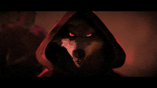a wolf with red eyes wearing a hooded jacket