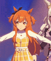 a girl with orange hair is wearing a plaid dress