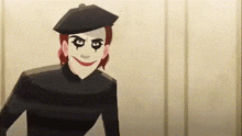 a cartoon of a man wearing a beret and a clown mask .