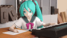 a girl with green hair is writing on a piece of paper while playing a keyboard