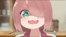 a cartoon girl with pink hair and blue eyes