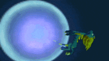a cartoon character is flying through a purple circle