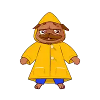 a cartoon pug wearing a yellow raincoat with a hood