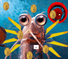 a picture of a fish with coins around it and a v1 sticker