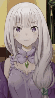 a girl with white hair and purple eyes has a green pendant around her neck