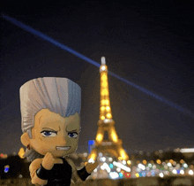 a cartoon character standing in front of the eiffel tower