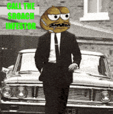 a man in a suit and tie is standing in front of a car with the words call the sroach impostor