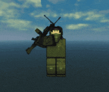 a video game character is holding a gun and wearing a green outfit