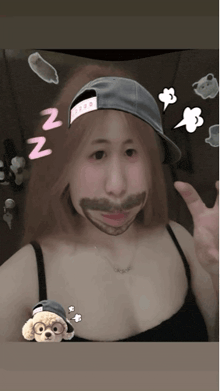 a woman wearing a hat and a fake mustache has a sticker that says zzz
