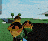 a group of cartoon characters are standing next to each other in a field