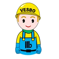 a cartoon of a man wearing overalls and a helmet with the word vesbo on it