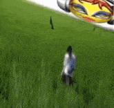 a person standing in the grass with a painting of a woman 's face behind them .