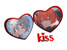 a couple of hearts with the word kiss in red