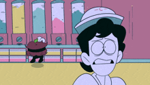a cartoon character is wearing a white hat with the letter c on it