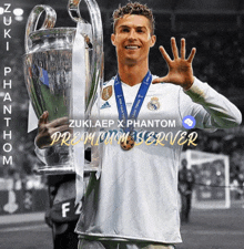 a picture of a soccer player holding a trophy that says ' premium server ' on it