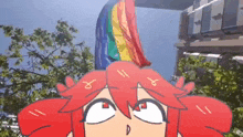 a cartoon of a girl with red hair standing in front of a rainbow flag .