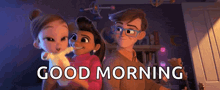 a man and two women are standing next to each other in a room with the words `` good morning '' .