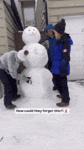 a group of people standing around a snowman with the words how could they forget this