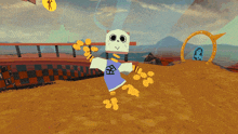a cartoon character holding a bunch of gold coins with a chinese symbol on his chest