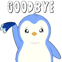 a blue and white penguin says goodbye with a tear in its eye