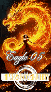 a woman in a red dress is surrounded by flames and the words eagle 05 universe community