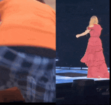 a woman in a pink dress stands on a stage