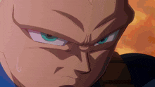 a close up of a cartoon character 's face with a blue eye