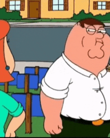 a cartoon character named peter griffin stands in front of a yellow house