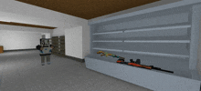 a minecraft character is holding a rifle in a room